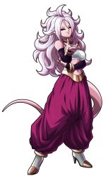 Rule 34 | 1girl, alternate form, android 21, ankle boots, bandai namco, black nails, black sclera, boots, colored sclera, colored skin, detached sleeves, dragon ball, dragon ball fighterz, female focus, full body, harem pants, high heel boots, high heels, highres, light purple hair, looking at viewer, majin (race), majin android 21, messy hair, nail polish, navel, official art, pants, pink skin, pointing, pointing at viewer, red eyes, smile, solo, stomach, tail, third-party edit, transparent background