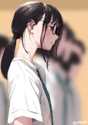 Rule 34 | 1girl, 6+others, absurdres, blurry, blurry background, closed mouth, commentary request, from side, glasses, green necktie, highres, jonsun, medium hair, multiple others, necktie, original, ponytail, profile, round eyewear, school uniform, shiori (jonsun), sidelocks, solo focus, twitter username, upper body, yellow eyes