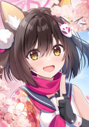Rule 34 | 1girl, absurdres, animal ear fluff, animal ears, black gloves, black sailor collar, blue archive, blush, brown hair, cherry blossoms, fang, fengshen chino, fox ears, gloves, hair between eyes, halo, highres, izuna (blue archive), neckerchief, open mouth, partially fingerless gloves, pink halo, pink neckerchief, pink scarf, sailor collar, scarf, short hair, skin fang, smile, solo, upper body, yellow eyes