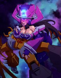 1boy 1girl absurdres bare_shoulders bent_over black_hair blue_dress blue_eyes breasts collarbone commentary cosmikaizer crossover detached_sleeves dress english_commentary fingerless_gloves galacta gloves glowing glowing_eyes hand_on_another&#039;s_thigh helmet highres horns large_breasts licking_lips long_hair marvel mecha open_mouth pink_nails purple_lips red_eyes robot smile space star_(symbol) strapless strapless_dress tongue tongue_out transformers transformers:_generation_1 unicron v very_long_hair