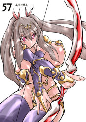 Rule 34 | 1girl, armor, bow (weapon), breasts, darui hito, elbow gloves, gloves, grey hair, huge breasts, long hair, parody, pink eyes, queen&#039;s blade, simple background, solo, weapon