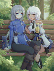Rule 34 | 1girl, 2girls, :d, bad id, bad pixiv id, bench, black gloves, black hair, blue eyes, blue shirt, boots, brown footwear, bush, carole peppers, chinese clothes, closed mouth, dark-skinned female, dark skin, fingerless gloves, fu hua, fu hua (valkyrie accipiter), gloves, highres, honkai (series), honkai impact 3rd, long hair, long sleeves, looking at viewer, multiple girls, open mouth, outdoors, pantyhose, ponytail, shirt, short hair, sitting, smile, tree, white hair, white shirt, wood cube, yellow eyes
