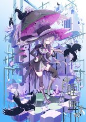 Rule 34 | 1girl, bai qiao, bird, black hat, black thighhighs, blue background, boots, cross-laced footwear, flower, full body, hat, highres, lily pad, long hair, original, parasol, purple eyes, silver hair, solo, standing, standing on one leg, thighhighs, umbrella
