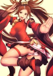 Rule 34 | 1girl, ankle boots, arc system works, ass, bare shoulders, boots, breasts, brown eyes, brown hair, chinese clothes, cropped legs, detached sleeves, female focus, frilled skirt, frills, guilty gear, guilty gear xrd, guilty gear xrd: revelator, hair ornament, kuradoberi jam, large breasts, long hair, long sleeves, looking at viewer, miniskirt, open mouth, panties, shiny skin, skindentation, skirt, smile, solo, thigh strap, underwear, very long hair, wide sleeves