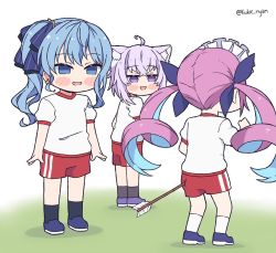 Rule 34 | 3girls, ahoge, animal ears, aqua hair, arrow (projectile), arrow in body, blue eyes, blue hair, blush, buruma, cat ears, cat girl, colored inner hair, commentary, drill hair, english commentary, green background, gym uniform, hair ornament, hair ribbon, hololive, hoshimachi suisei, kukie-nyan, long hair, looking at another, maid headdress, medium hair, minato aqua, minecraft, multicolored hair, multiple girls, nekomata okayu, open mouth, pink hair, purple eyes, purple hair, ribbon, shirt, short hair, short sleeves, side ponytail, simple background, twin drills, twitter username, two-tone hair, virtual youtuber, white background, white shirt