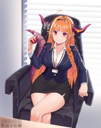 Rule 34 | 1girl, ahoge, alcohol, armchair, artist name, black skirt, blazer, window blinds, blonde hair, blue jacket, blunt bangs, bow, braid, breasts, brown hairband, button gap, chair, collarbone, collared shirt, crossed legs, cup, desk, deviantart logo, dragon girl, dragon horns, dragon tail, dress shirt, drinking glass, facebook logo, fangs, feet out of frame, formal, hair ornament, hairband, highres, holding, holding cup, hololive, horn bow, horn ornament, horns, id card, indoors, jacket, kiryu coco, lanyard, large breasts, long hair, long sleeves, looking at viewer, miniskirt, multicolored hair, neho-kun, office lady, orange hair, patreon logo, pencil skirt, pointy ears, red eyes, shirt, sitting, skirt, skirt suit, smile, solo, suit, table, tail, twitter logo, v-shaped eyebrows, very long hair, virtual youtuber, watermark, white shirt, window, wine, wine glass
