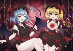 Rule 34 | 2girls, absurdres, alternate color, arm ribbon, ascot, back bow, bat wings, between fingers, black ascot, black dress, blonde hair, blue hair, bow, breasts, check commentary, collarbone, commentary, commentary request, detached sleeves, dress, fang, flandre scarlet, frilled dress, frilled shirt collar, frilled skirt, frills, hair between eyes, hat, hat bow, highres, holding, holding knife, knife, knives between fingers, looking at viewer, mary janes, medium breasts, mob cap, multiple girls, open mouth, puffy short sleeves, puffy sleeves, red bow, red eyes, red footwear, red ribbon, remilia scarlet, ribbon, shoes, short hair, short sleeves, siblings, side ponytail, sisters, skin fang, skirt, sparkle, subaru (subachoco), thighs, touhou, wings, wrist cuffs