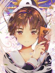 Rule 34 | 1990s (style), 1boy, bad id, bad pixiv id, bagua zhang, beret, brown hair, bud, cardcaptor sakura, cherry blossoms, closed mouth, collarbone, dangmill, eyebrows, floral background, hat, highres, holding, leaf, li xiaolang, light frown, long sleeves, looking at viewer, male focus, motion blur, ofuda, petals, portrait, retro artstyle, sailor collar, school uniform, solo, star-shaped pupils, star (symbol), sun symbol, symbol-shaped pupils, white hat, wind, yin yang