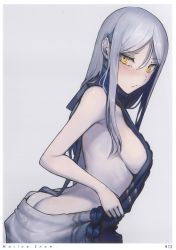 Rule 34 | 1girl, absurdres, abyssal ship, ass, backless outfit, bare arms, blush, breasts, butt crack, collar, from side, hair between eyes, highres, kantai collection, large breasts, long hair, looking at viewer, meme attire, no bra, no panties, scan, shiny skin, sideboob, sidelocks, sleeveless, solo, sweatdrop, sweater, ta-class battleship, virgin killer sweater, walzrj, white background, white hair, yellow eyes
