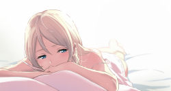 Rule 34 | 1girl, alternate hair length, alternate hairstyle, backlighting, bare arms, bare shoulders, barefoot, bed sheet, blue eyes, blush, camisole, foreshortening, grey hair, half-closed eyes, long hair, looking at viewer, love live!, love live! school idol project, lying, on stomach, shibasaki shouji, simple background, solo, spaghetti strap, strap slip, watanabe you, white background