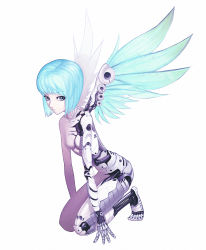 Rule 34 | 1girl, android, blue hair, breasts, iwai ryou, kneeling, original, robot, short hair, small breasts, solo, wings