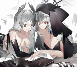 Rule 34 | 2girls, @ @, absurdres, arknights, black gloves, breasts, chinese commentary, cleavage, commentary request, elbow gloves, gloves, grey eyes, grey hair, habit, head wings, highres, irene (arknights), large breasts, leg ribbon, long hair, looking at another, multiple girls, pantyhose, red eyes, ribbon, single glove, smile, specter (arknights), specter the unchained (arknights), sweat, thigh ribbon, white legwear, wings, yushe quetzalli