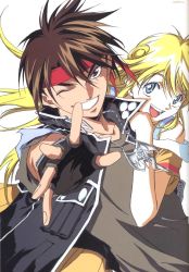 Rule 34 | 1boy, 1girl, :d, blonde hair, blue eyes, brown hair, cleo everlastin, fingerless gloves, gloves, headband, highres, long hair, majutsushi orphen, one eye closed, open mouth, orphen, outstretched arm, outstretched hand, reaching, scan, smile