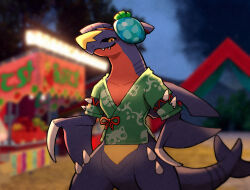 Rule 34 | animal focus, black sclera, blue skin, blurry, blurry background, box splat, claws, closed mouth, clothed pokemon, colored sclera, colored skin, commentary, creatures (company), fangs, festival, game freak, garchomp, gen 4 pokemon, highres, nintendo, no humans, outdoors, pokemon, pokemon (creature), pokemon sv, sharp teeth, smile, standing, symbol-only commentary, tail, teeth, yellow eyes