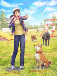Rule 34 | 1girl, anbe yoshirou, animal request, blue sky, brown hair, building, cloud, cloudy sky, collar, commentary request, day, dog, full body, grass, hat, highres, jacket, long sleeves, open clothes, open jacket, outdoors, pants, pointing, ponytail, red collar, shibari, shirt, shoes, sky, sneakers, solo, standing, sunlight, sweatpants, tree, whistle, white hat, yellow shirt