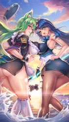 Rule 34 | 2girls, animal ears, armpits, ass, blue hair, breast press, breasts, ch@r, cloud, day, energy sword, evening, eyebrows hidden by hair, feet in water, female focus, fox ears, fox tail, from behind, green hair, groin, highres, large breasts, legs, lightsaber, long hair, looking at viewer, multiple girls, no panties, open mouth, original, outdoors, panties, panties under pantyhose, pantyhose, project qt, skirt, sky, sleeveless, sun, sunset, sword, symmetrical docking, tail, thighhighs, thighs, underwear, water, weapon