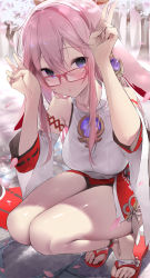 Rule 34 | 1girl, absurdres, bare shoulders, blush, breasts, cherry blossoms, daefny, detached sleeves, double v, feet, full body, genshin impact, glasses, hair between eyes, highres, japanese clothes, long hair, looking at viewer, medium breasts, pale skin, petals, pink hair, purple eyes, red-framed eyewear, sandals, solo, squatting, thick thighs, thighs, toes, v, vision (genshin impact), wide sleeves, yae miko