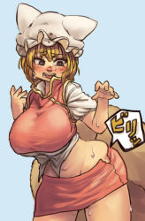 Rule 34 | 1girl, animal hat, blonde hair, blush, breasts, chanta (ayatakaoisii), chen, chen (cosplay), cosplay, curvy, fox tail, hat, hat with ears, huge breasts, midriff, mob cap, multiple tails, open mouth, plump, ripping, shirt, simple background, skirt, skirt set, solo, tail, thick thighs, thighs, torn clothes, touhou, undersized clothes, vest, wide hips, yakumo ran