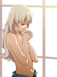 Rule 34 | 1girl, backlighting, breast press, brown eyes, covering privates, covering breasts, finger to mouth, francine (daijaemon), long hair, looking away, navel, original, own hands clasped, own hands together, platinum blonde hair, profile, solo, topless, white hair