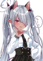 Rule 34 | animal ears, blue archive, cat ears, commentary request, dark-skinned female, dark skin, embarrassed, fake animal ears, hair over one eye, halo, highres, iori (blue archive), long hair, necktie, pointy ears, red eyes, sese nagi, silver hair, simple background, solo, tan, twintails, white background