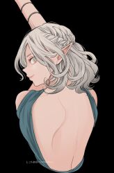 Rule 34 | 1girl, artist name, back cutout, bare back, bare shoulders, black background, clothing cutout, dress, from behind, green dress, grey eyes, grey hair, highres, iroiromuridesun, looking at viewer, original, pointy ears, profile, simple background, sleeveless, sleeveless dress, smile, solo, upper body