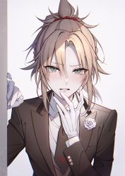 Rule 34 | 1girl, absurdres, arm support, bambi-25, black jacket, black necktie, blush, boutonniere, braid, collared shirt, fate/grand order, fate (series), fingers to mouth, french braid, gloves, green eyes, grey vest, hair ornament, hair scrunchie, heroic spirit formal dress, highres, jacket, lapels, looking at viewer, mordred (fate), mordred (fate/apocrypha), mordred (formal dress) (fate), necktie, nose blush, parted lips, peaked lapels, ponytail, red scrunchie, ribbon, scrunchie, shirt, short hair, solo, upper body, vest, white gloves, white ribbon, white shirt