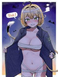 1girl ahoge blonde_hair blush dooby_(vtuber) green_eyes halloween halloween_costume highres indie_virtual_youtuber jacket navel nude sanwanton tail undressing virtual_youtuber