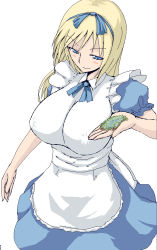 Rule 34 | 1girl, alice (alice in wonderland), alice in wonderland, blonde hair, blue eyes, blush stickers, breasts, covered erect nipples, giant, giantess, huge giantess, large breasts, long hair, simple background, smile, solo, terada ochiko, white background