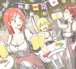 Rule 34 | 3girls, alcohol, beer, beer mug, blonde hair, brown hair, cup, dirndl, drink, drinking, erica hartmann, flag, german clothes, gertrud barkhorn, lowres, minna-dietlinde wilcke, mug, multiple girls, oktoberfest, red hair, smile, strike witches, traditional clothes, world witches series