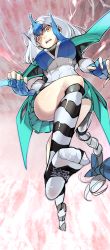 Rule 34 | 1girl, blue hair, clear wing synchro dragon, duel monster, e volution, fingerless gloves, from below, gloves, highres, multicolored hair, personification, silver hair, socks, solo, striped clothes, striped socks, wings, yellow eyes, yu-gi-oh!, yu-gi-oh! arc-v