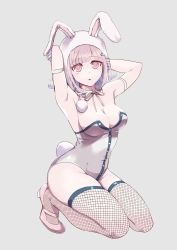 Rule 34 | 1girl, absurdres, animal ears, bare arms, bare shoulders, breasts, brown hair, cleavage, commentary request, danganronpa (series), danganronpa 2: goodbye despair, fake animal ears, fake tail, fishnet thighhighs, fishnets, hair ornament, highres, kneeling, large breasts, leotard, looking at viewer, mole, mole on breast, nanami chiaki, official alternate costume, pink eyes, pink hair, playboy bunny, rabbit ears, rabbit tail, shoes, short hair, sketti, solo, tail, thighhighs, white headwear