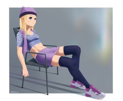 1girl, absurdres, beleven, blonde hair, blue legwear, breasts, chair, collarbone, commentary, crop top, digimon, digimon frontier, digivice, full body, green eyes, groin, hat, highres, holding, long hair, looking up, midriff, miniskirt, navel, orimoto izumi, parted lips, pencil skirt, purple headwear, purple skirt, purple vest, shadow, shirt, shoes, short sleeves, sidelocks, sitting, skirt, small breasts, sneakers, solo, striped, striped shirt, thighhighs, twitter username, vest, white footwear, zettai ryouiki