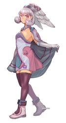 Rule 34 | 1girl, blue eyes, blush, breasts, cape, chadolbaegi, curly hair, dress, elbow gloves, full body, gloves, hat, head wings, highres, long hair, looking at viewer, melia antiqua, nintendo, nopon, silver hair, simple background, smile, solo, thighhighs, wings, xenoblade chronicles (series), xenoblade chronicles 1