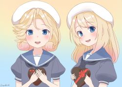 Rule 34 | 2girls, absurdres, blonde hair, blue eyes, blue sailor collar, candy, chocolate, chocolate heart, commentary request, dress, food, gradient background, hat, heart, highres, janus (kancolle), jervis (kancolle), kantai collection, long hair, looking at viewer, multiple girls, parted bangs, sailor collar, sailor dress, sailor hat, sakurai nana (moshichi), short hair, upper body, white dress, white headwear