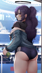 Rule 34 | 1girl, absurdres, ass, black shirt, blue archive, blue eyes, blue jacket, blush, bottle, buruma, closed mouth, commentary, day, doyoon 7, from behind, halo, highres, holding, holding bottle, jacket, looking at viewer, looking back, off shoulder, official alternate costume, ponytail, purple hair, shirt, solo, stadium, star sticker, sticker on face, thighs, track jacket, yuuka (blue archive), yuuka (track) (blue archive)
