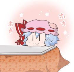 Rule 34 | 1girl, :3, bad id, bad pixiv id, blue hair, blush, bow, chibi, commentary request, gradient background, hat, hat bow, head rest, kotatsu, mob cap, noai nioshi, patch, remilia scarlet, ribbon trim, short hair, solo, table, touhou, two-tone background, under kotatsu, under table, | |