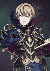 Rule 34 | 1boy, armor, artist name, blonde hair, book, brown eyes, capelet, fire emblem, fire emblem fates, gloves, high collar, leo (fire emblem), looking at viewer, male focus, nintendo, polarityplus, red eyes, short cape, short hair, signature, smile, solo, upper body