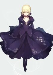 Rule 34 | 1girl, artoria pendragon (all), artoria pendragon (fate), bad id, bad twitter id, blonde hair, braid, breasts, choker, commentary request, dress, fate/stay night, fate (series), french braid, full body, gothic lolita, grey background, hair between eyes, juliet sleeves, lolita fashion, long dress, long sleeves, looking at viewer, lpip, puffy sleeves, purple dress, saber alter, short hair, sleeves past wrists, small breasts, solo, standing, wide sleeves, yellow eyes