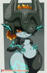 Rule 34 | 1girl, big head, black skin, blush, brachyartz, breasts, colored sclera, colored skin, glowing tattoo, grey skin, helmet, medium breasts, midna, multicolored skin, navel, orange hair, pointy ears, red eyes, shortstack, smile, solo, the legend of zelda, the legend of zelda: twilight princess, thick thighs, thighs, two-tone skin, wide hips, yellow sclera