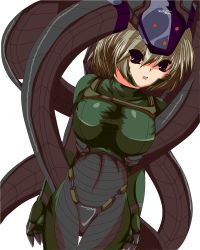 Rule 34 | 1girl, :d, blonde hair, blue eyes, bodysuit, breasts, claws, cowboy shot, gem, headpiece, large breasts, laughing octopus, looking at viewer, metal gear (series), metal gear solid 4: guns of the patriots, open mouth, simple background, skin tight, smile, solo, taut clothes, thigh gap, white background