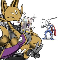 Rule 34 | 1boy, 1girl, animal ears, armor, black bodysuit, blue bodysuit, bodysuit, breasts, card, chest armor, closed eyes, covered eyes, digimon, digimon card game, digimon tamers, fox ears, grey hair, holding, holding card, justimon, large breasts, sakuyamon, scarf, shoulder armor, simple background, sketch, taqrider, tongue, tongue out, v, white background