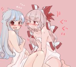 Rule 34 | 2girls, blanket, blue hair, blunt bangs, blush, bow, collarbone, covering privates, covering breasts, embarrassed, fujiwara no mokou, full-face blush, hair bow, kamishirasawa keine, komaku juushoku, long hair, looking at another, looking at viewer, looking to the side, multiple girls, naked towel, nude, nude cover, open mouth, pink background, red eyes, silver hair, simple background, touhou, towel, wavy mouth, yuri