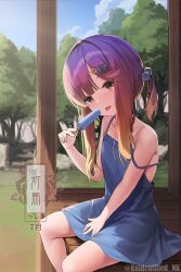 Rule 34 | 1girl, blue dress, blush, brown eyes, cube hair ornament, day, dress, feet out of frame, food, gradient hair, hair ornament, hairclip, highres, holding, holding food, kantai collection, long hair, looking at viewer, mole, mole under eye, multicolored hair, outdoors, popsicle, purple hair, sitting, solo, tongue, tongue out, tree, tsushima (kancolle), twitter username, unidentified nk