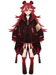 Rule 34 | 1girl, :d, animal ears, armband, black footwear, black jacket, black shirt, blush, boots, copyright request, cross-laced footwear, fang, full body, hair between eyes, hair ornament, hairclip, highres, jacket, kurono kito, lace-up boots, long hair, long sleeves, looking at viewer, multicolored hair, nail polish, open clothes, open jacket, open mouth, puffy long sleeves, puffy sleeves, red eyes, red hair, red nails, red socks, ribbed legwear, safety pin, shirt, simple background, sleeves past wrists, smile, socks, solo, standing, streaked hair, very long hair, virtual youtuber, white background, white hair