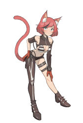 Rule 34 | 1girl, absurdres, animal ear fluff, animal ears, ankle boots, aqua eyes, asymmetrical clothes, bikini, black legwear, blue eyes, blush, boots, bow, breasts, cat, cat ears, cat girl, cat tail, closed mouth, commission, full body, gloves, hand on own hip, highres, kiritzugu, leather, leather pants, looking at viewer, original, pants, red gloves, red hair, shoes, short hair, single pantsleg, solo, swimsuit, tail, tail bow, tail ornament, tail raised, thigh strap, white background