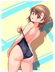 Rule 34 | 1girl, ass, bare shoulders, blush, breasts, brown eyes, brown hair, cougar (cougar1404), embarrassed, female focus, from behind, looking at viewer, looking back, medium breasts, misaka mikoto, one-piece swimsuit, open mouth, shiny clothes, shiny skin, short hair, sideboob, solo, standing, swimsuit, toaru kagaku no railgun, toaru majutsu no index, wedgie