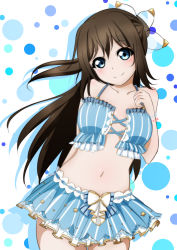 Rule 34 | 1girl, aqua bikini, aqua bow, aqua eyes, aqua scrunchie, artist name, artist request, bare shoulders, bikini, bikini skirt, blue eyes, blush, bow, bow bikini, bracelet, breasts, brown hair, cleavage, collarbone, cross-laced bikini, cross-laced bikini top, cross-laced clothes, female focus, floating hair, frilled bikini, frills, hair between eyes, hair bow, half updo, high ponytail, highres, jewelry, long hair, looking at viewer, love live!, love live! nijigasaki high school idol club, love live! school idol festival, love live! school idol festival all stars, medium breasts, miracle voyage (love live!), osaka shizuku, parted lips, plaid, pleated, polka dot, polka dot background, ponytail, scrunchie, smile, solo, string bikini, striped bikini, striped bow, striped clothes, swimsuit, vertical-striped bikini, vertical-striped clothes, wavy hair, white background, wrist scrunchie