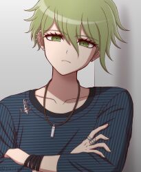 Rule 34 | 1boy, amami rantaro, closed mouth, collarbone, crossed arms, danganronpa (series), danganronpa v3: killing harmony, ear piercing, earrings, frown, green eyes, green hair, grey background, highres, jewelry, male focus, necklace, piercing, shirt, short hair, solo, striped clothes, striped shirt, suiren yurei, upper body, watermark