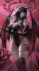 Rule 34 | 1girl, absurdres, black hair, black halo, bound, bound arms, breasts, chain, commentary request, crossed arms, dark halo, demon, demon girl, demon wings, elbow gloves, fingernails, gloves, halo, highres, large breasts, light y, long hair, original, red eyes, restrained, sharp fingernails, skindentation, thighhighs, torn wings, wings