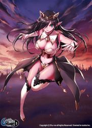 Rule 34 | 1girl, bare arms, black hair, boots, breasts, cape, cleavage, cloud, gloves, green eyes, hair over one eye, knee boots, kneehighs, large breasts, long hair, looking at viewer, original, parted lips, petals, pointy ears, shuen, sky, socks, solo, sunset, sword, unleashed, weapon, white footwear, white socks